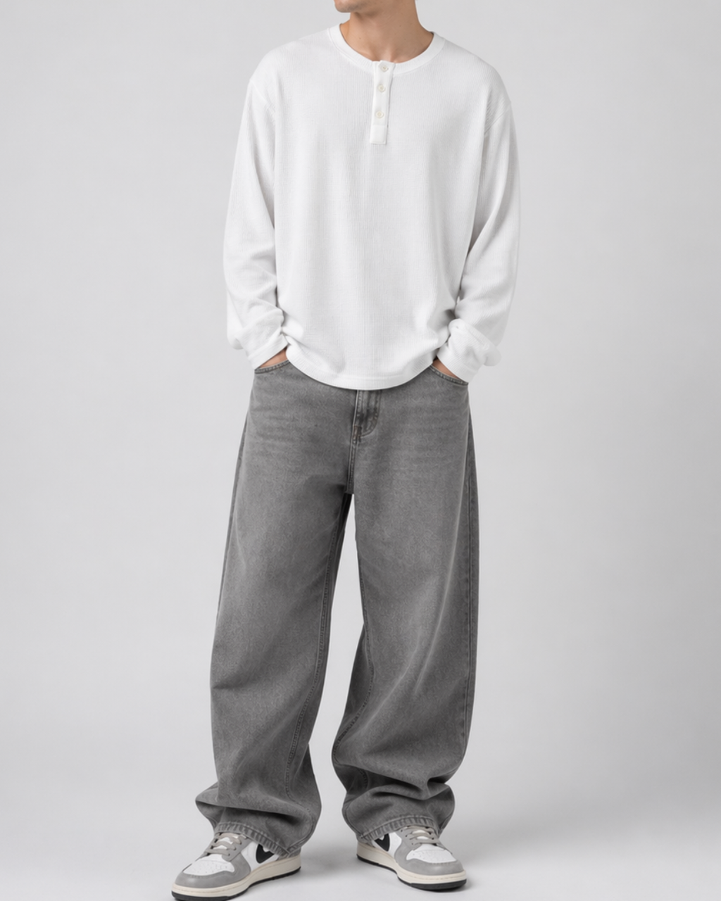 White Henley waffle knit